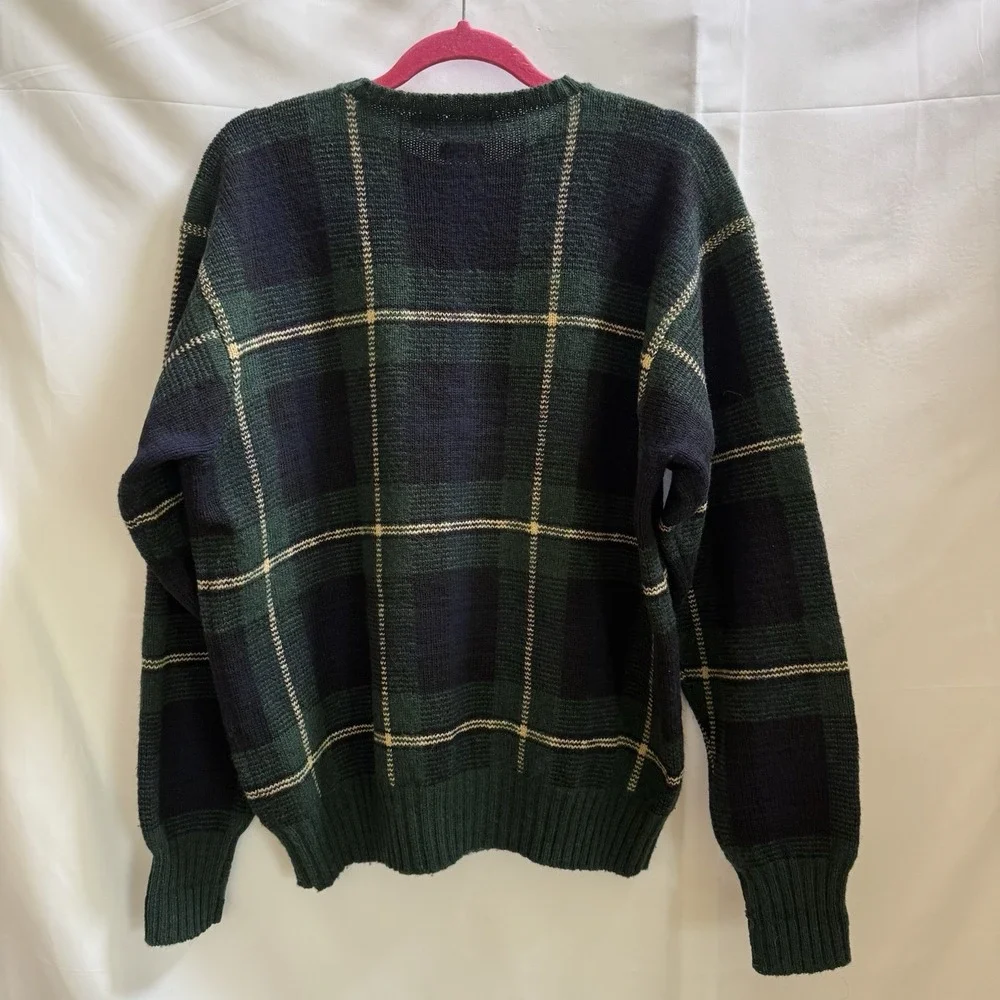 Vintage Polo Ralph Lauren Men's XL Wool Sweater Plaid Crew Neck Blue Green Knit